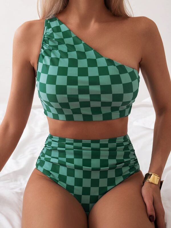 Green Check One-Shoulder Bikini Set