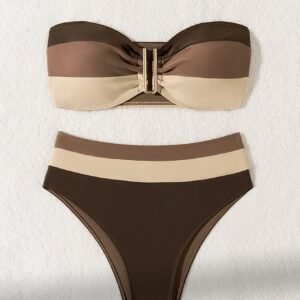 Brown Stripe Bandeau Bikini Set