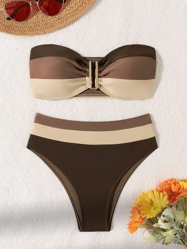 Brown Stripe Bandeau Bikini Set
